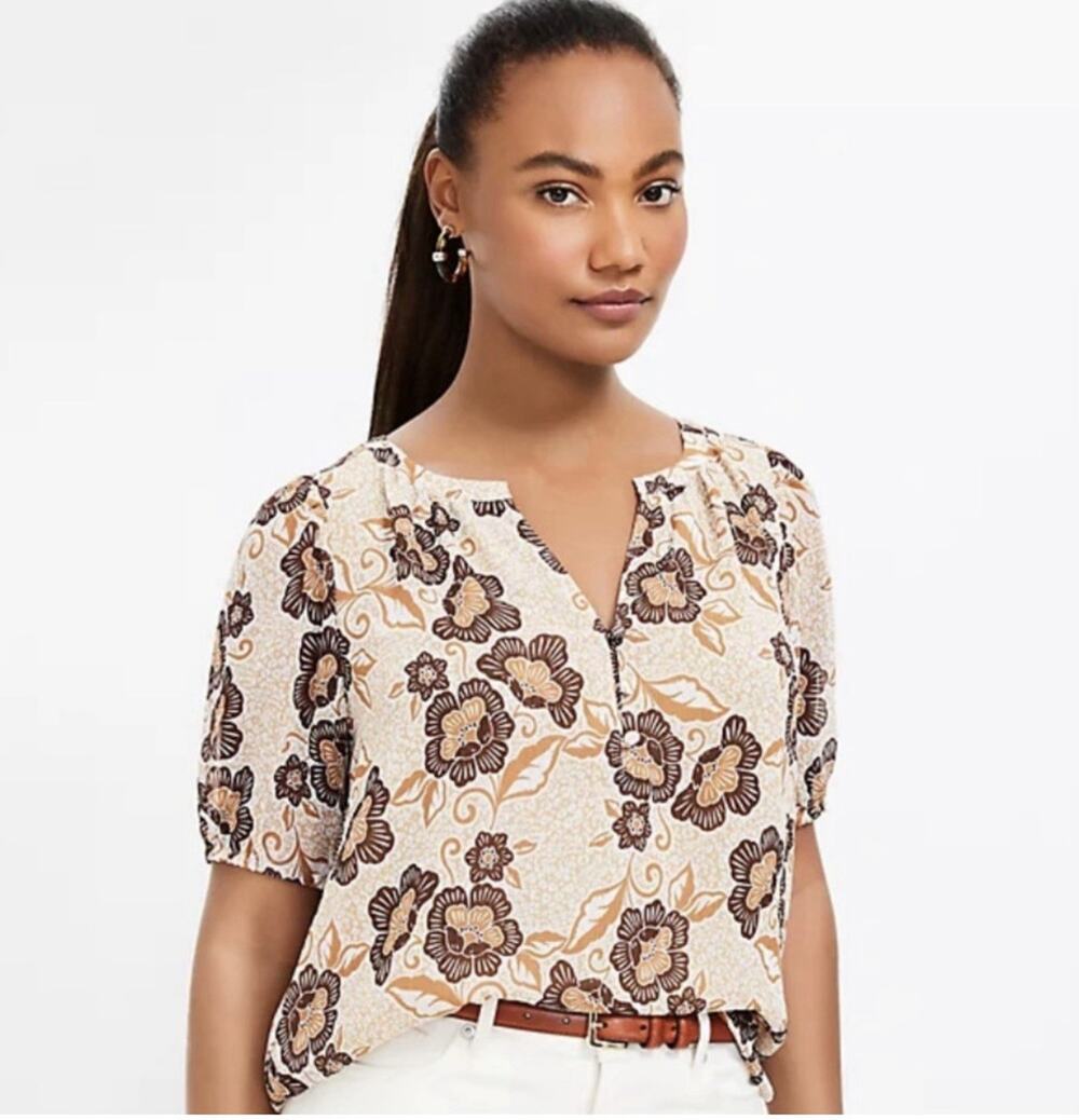 Loft Petites Floral Brown Puff Sleeve Top XSP